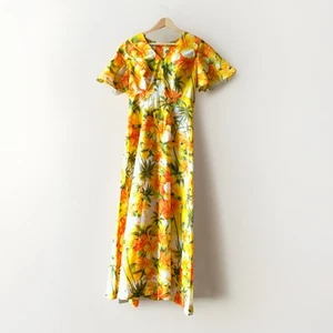 Royal Hawaiian Vintage Yellow Maxi Dress Orange Yellow Floral Print Size Med(?) - Picture 1 of 9