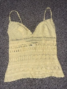 Vintage MODA INTERNATIONAL Yellow Open Crochet BOHO Top Sz L - Picture 1 of 6