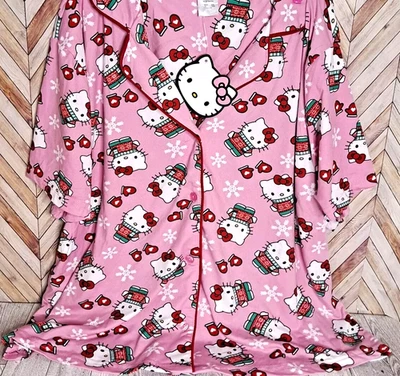 Hello Kitty Pajama Top Button Front Collar Sleep Tee Large Winter Snow Pattern - Image 1 of 4
