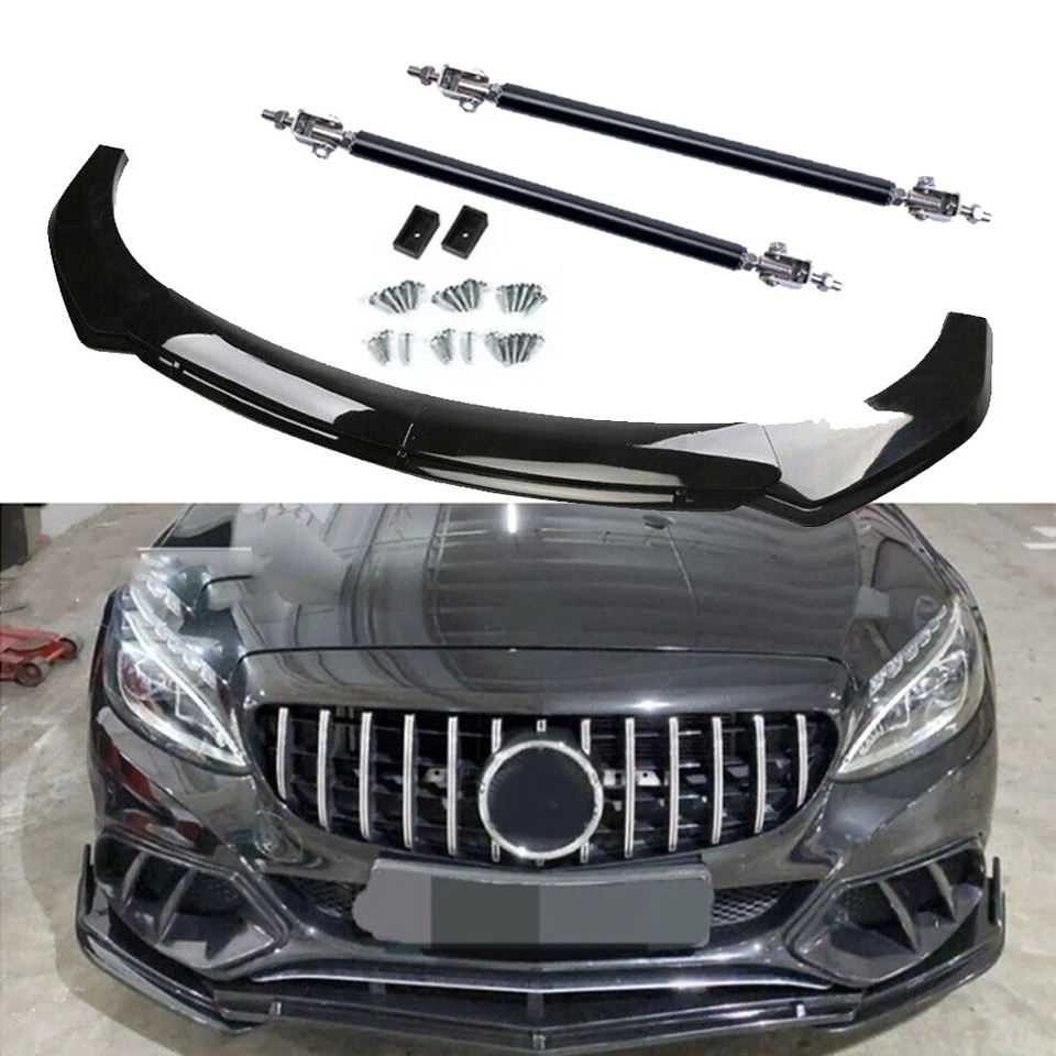 For Mercedes Benz Front Bumper Lip Spoiler With Strut Rods Gloss Black Body Kits - Imagem 1 de 4