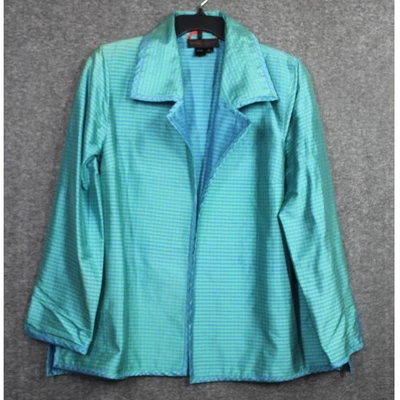 Nina Mclemore Silk Jacket Size XL Green Blue Strip Open Collared — 第 1/4 张图片