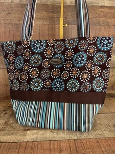 Donna Sharp 100 % Baumwolle Beuteltasche Tasche Handtasche Schulter braun blau weiß Streifen neu ohne Etikett - Bild 1 von 11