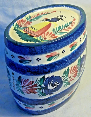 Vintage Quimper Pottery Barrel Pot Lady Floral Leaves Blue No Tap - Image 1 of 4