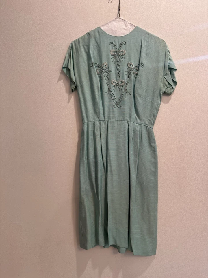VTG 1950s Aqua Wiggle Dress W/Silver Embroidered Bows Cocktail Glam MCM Sparkle - Image 1 of 4