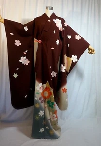 Japanischer feiner Kimono SEIDE "FURISODE" SAKURA, das GlD/SIL Blatt, Größe M, L5'4"..4331 - Bild 1 von 8