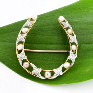 14k Yellow & White Gold Diamond & Pearl Gemstone Lucky Horseshoe Pin/Brooch - Picture 1 of 3