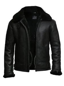 Men's B3 Aviator Bomber Leather Jacket - Black RAF Style with Real Fur Collar - Picture 1 of 7