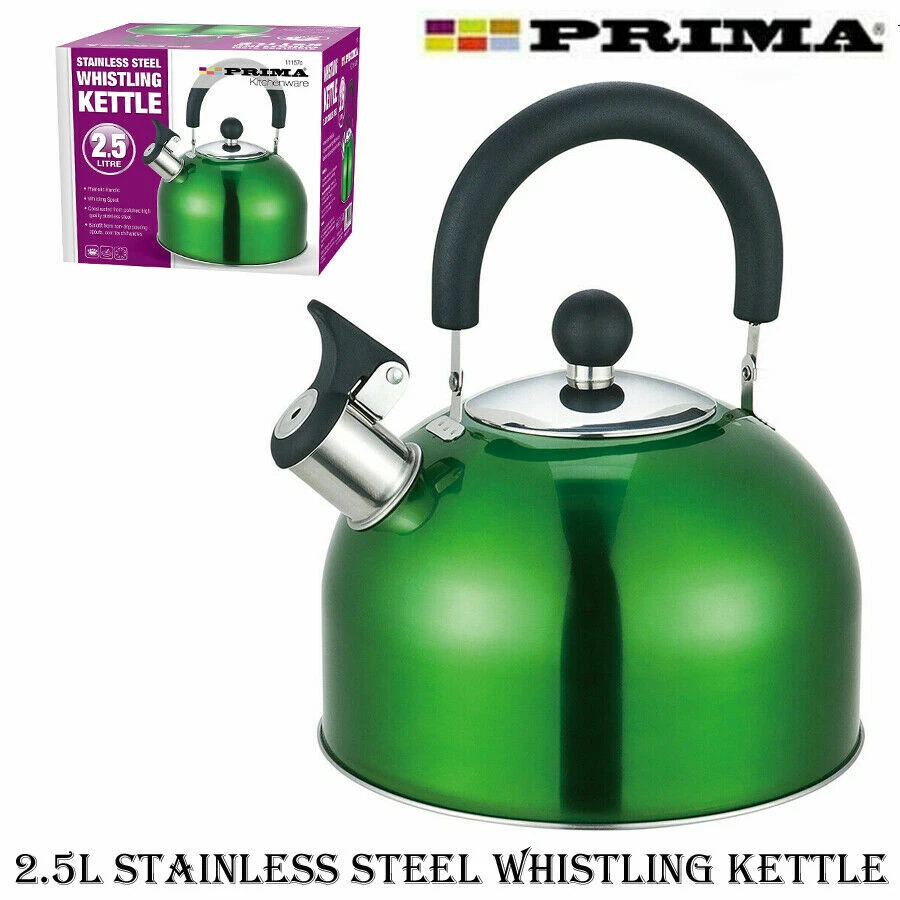 Whistling Kettle PRIMA Stainless Steel 2.5 Ltr Phenolic Handle Kitchenware Green - Image 1 of 1