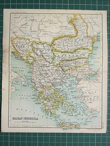 1904 SMALL MAP ~ BALKAN PENINSULA ~ GREECE BOSNIA SERVIA BULGARIA TURKEY - Picture 1 of 1