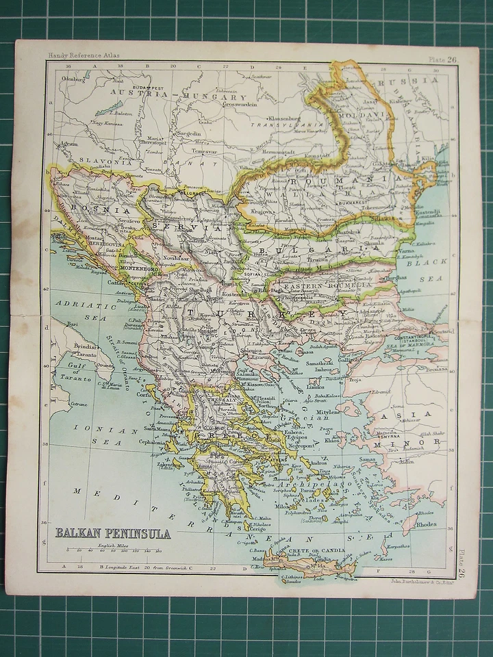1904 SMALL MAP ~ BALKAN PENINSULA ~ GREECE BOSNIA SERVIA BULGARIA TURKEY - Image 1 of 1