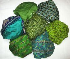 LOT PURE SILK Vintage Sari REMNANT Fabric 7 Pcs 1 ft Green Craft #ABCUE