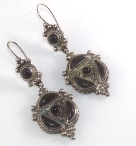 Vintage Statement Sterling Silver Etruscan Revival dangling earrings Onyx? - Picture 1 of 9
