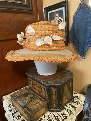 1920’s Vintage Women’s Straw Ribbon Hat Orange Wide Brim Flower Trim - Image 1 of 4