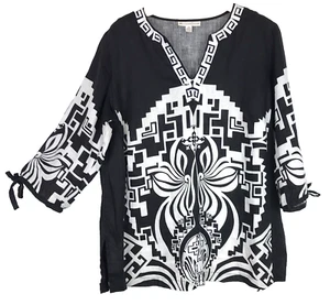 JM Collection Tunic Blouse Womens 14 Black Linen 3/4 Sleeve Boho Embroidered - Bild 1 von 7