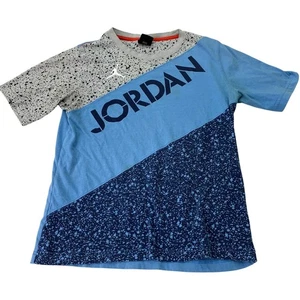 Jordan Boys Medium Blue Gray Black Splatter Spellout Short Sleeve Tee TShirt - Picture 1 of 6