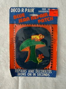 Vintage 1970s Denim Jean Patch Frog on Mushroom Rectangular Embroidered Sew On - Picture 1 of 2