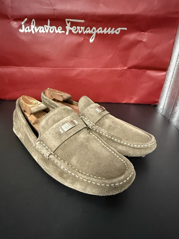 Gucci Zapatos Hombre Beige Gamuza GUCCI BIT PENNY DRIVER MOCASINES US 8 $1140 MSRP Foto 1 de 4