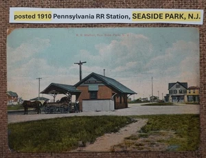 postd 1910 Pennsylvania RR Station, SEASIDE PARK, N.J. POSTCARD w/horse & wagon - Picture 1 of 2