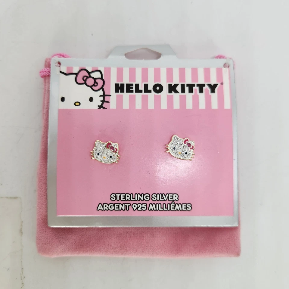 Sterling Silver Sanrio Hello Kitty Cat Cz Rhinestone Stud Earrings W Bag