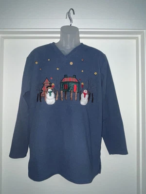 SUÉTER KAREN SCOTT NAVIDAD Mujer Talla Grande Invierno Muñeco de Nieve Botones Árboles Foto 1 de 4