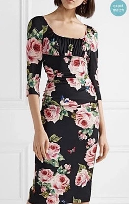 DOLCE & GABBANA Sheath Dress Black Pink Rose Print Stretch Silk Ruched, 40, 4 - Image 1 of 4