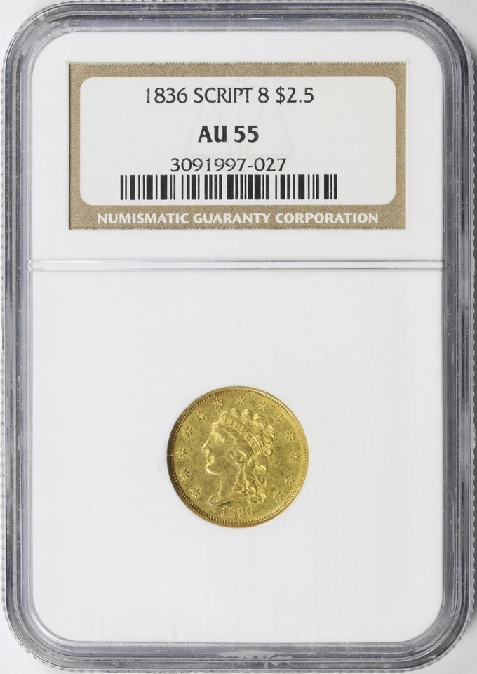 1836 Script 8 $2.5 cabeza clásica cuarto de águila de oro NGC AU55 Foto 1 de 4