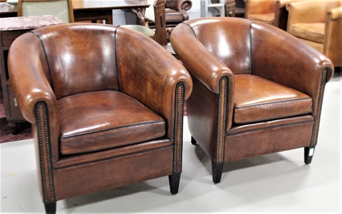 Pair of Sheep Leather Club Chairs w/Black Piping - Art Deco Cover