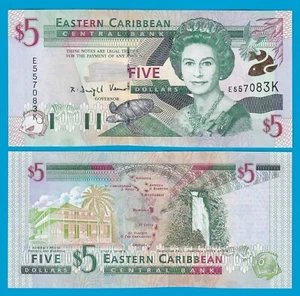 East Caribbean 5 Dollars P 37k ND 2000 UNC Suffix “K” St. Kitts, Queen Elizabeth - Picture 1 of 1