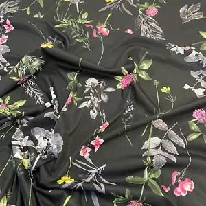 FS671 Black Mustard Floral Print Thin Soft Jersey Stretch Spun Polyester Fabric - Picture 1 of 19
