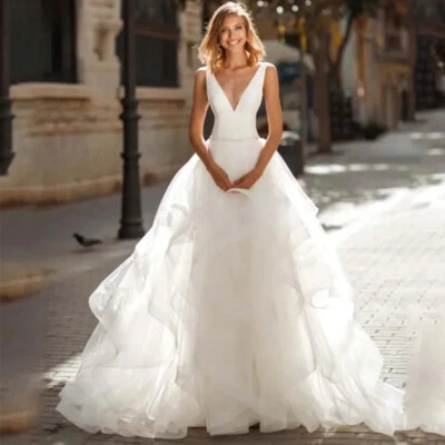 Sexy A-Line Wedding Dresses V-Neck Sleeveless Lace Layered Ruffled Bridal Gowns - Image 1 of 4