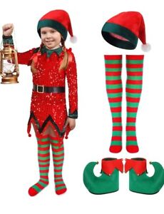 Kid's Christmas Elf Costume with Sequins Tinkle Bell Belt Elf Shoes Xmas Elf...