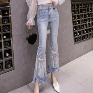 Donna con Nappa Paillettes Pantaloni Strass Frangia Vita Alta Jeans Moda - Foto 1 di 9