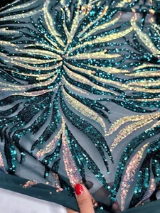 Green  4way stretch Sequins Iridescent Lace fabric 60” Width Sold By The Yard  - Picture 1 of 12