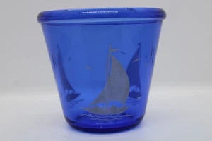 A3 Vintage Hazel Atlas Cobalt Blue Sailboat Art Deco Ice Bucket Depression Glass - Picture 1 of 5