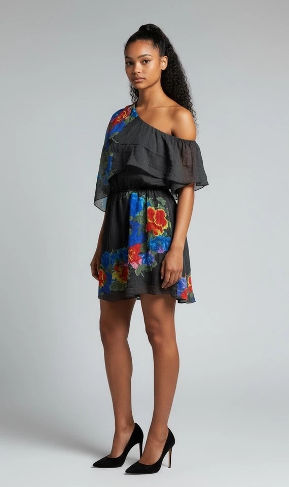 Mini Vestido de Fiesta Y2k Negro Floral Chifón Volantes Un Hombro Mediano Grande 10 Foto 1 de 4