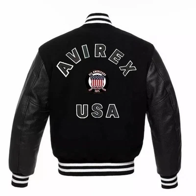 Men’s Black Avirex Style Varsity Bomber Jacket – Wool & Leather Streetwear USA - Image 1 of 3