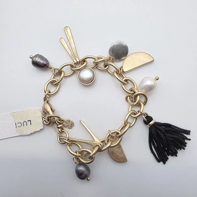 New! LUCKY BRAND Bracelet GENUINE Pearl Charms Tassel Gold Tone FREE $HIPPING!! - Image 1 of 4