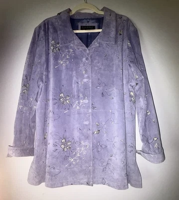 Dialogue Suede Jacket Coat Print Painted Florals Periwinkle Blue Button Front XL - Image 1 of 4