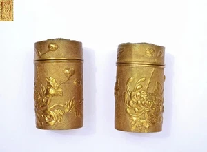 1930's 2 Chinese Gilt Bronze Relief Chrysanthemum Flower Pill Box Marked - Picture 1 of 10