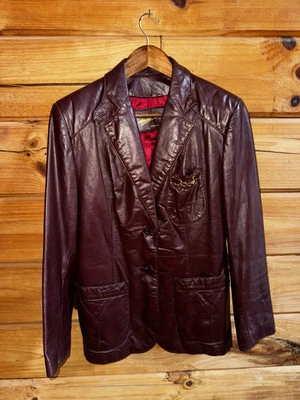 Casaco blazer de couro vintage marrom Etienne Aigner década de 1970 tamanho 14 botões soltos - Imagem 1 de 4