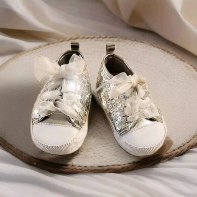 Stepping Stones Niñas Plata Blanco Lentejuelas Zapatos Cinta Cordones 9-12 Mos. Foto 1 de 4