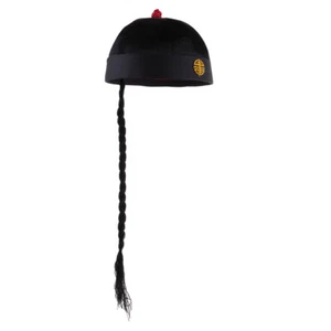 Adult Black Chinese w/ Ponytail Novelty Cosplay Fancy Dress Costume Hat - Picture 1 of 4
