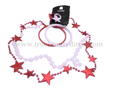 GIRLS 6 PK CHRISTMAS SET 2 RINGS + 2 NECKLACES + 2 BANGLES XMAS STARS RED WHITE - Image 1 of 3