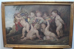 Cuadro, pintura al óleo 1929 sobre lienzo sueño frutal Rubens niños desnudos putten *4926 - Imagen 1 de 12