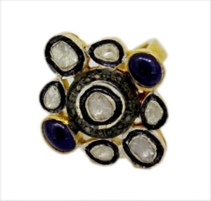 Polki Diamond Cocktail Ring, 925 Silver Sapphire Gemstone Wedding Ring For Bride - Picture 1 of 5