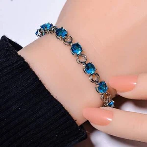 London Blue Topaz 925 Sterling Silver Tennis Bracelet 7.99" B_9730_687_37 - Picture 1 of 5