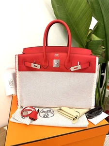 HERMES BIRKIN Bag *FRAY~FRAY* 35cm PHW Swift Leather Framboise Ecru Toile ~RARE! - Picture 1 of 22