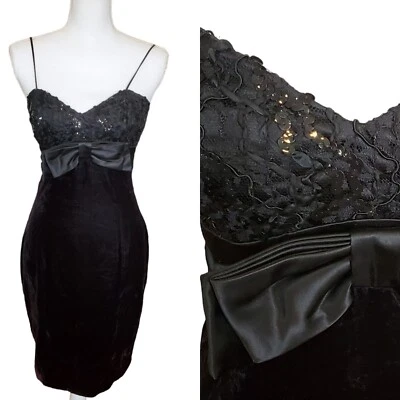 Vintage 80s 90s Black Velvet Sequins Babydoll Dress LBD Formal Cocktail Size 2 - Image 1 of 4