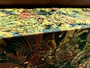 Stretch Spandex Velvet Fabric, Per Metre - Jungle Leaf Print - Chartreuse & Rust - Picture 1 of 3
