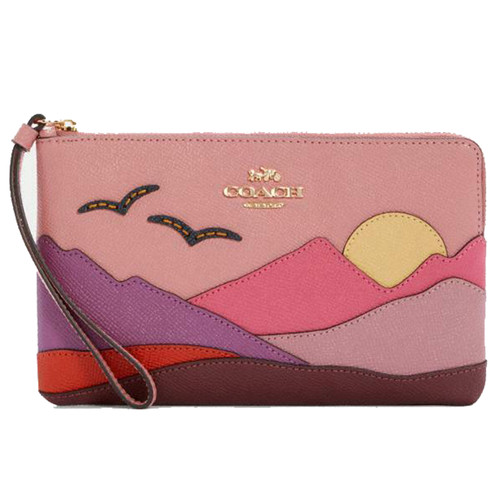 Coach Mountain Motif grande angolo rosa portafoglio pelle zip polso borsetta NUOVO